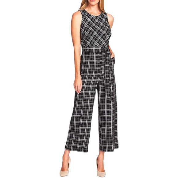 Vince Camuto Pants - Vince Camuto Cropped Jumpsuit with Pockets, Wide Leg Windowpane Plaid